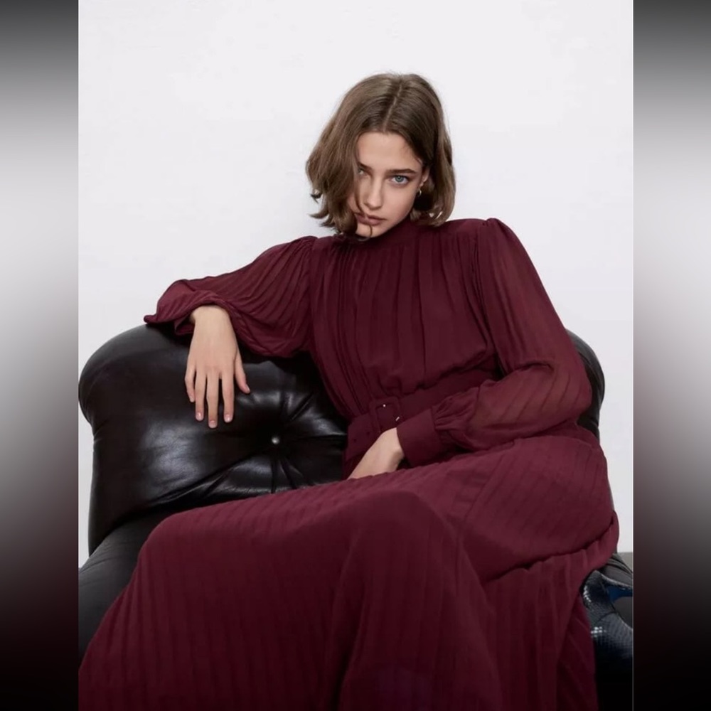 NWT ZARA Burgundy Pleated Maxi Dress Sz XS